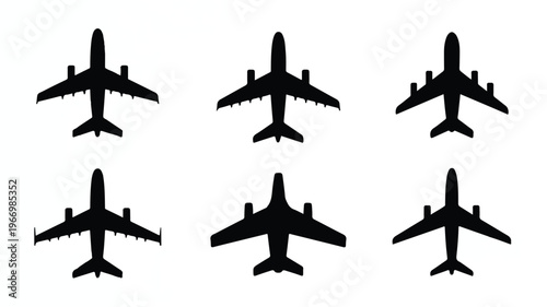 Six different views of airplane silhouettes flying in various directions