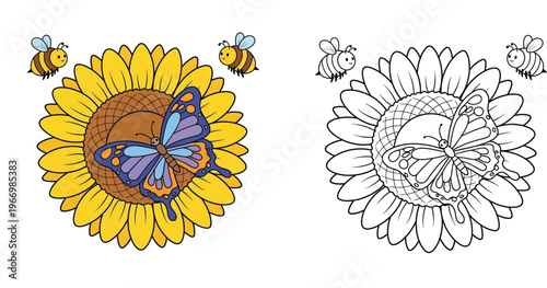 Butterfly on Sunflower with Bees Coloring Page for Kids, Colorful Example and Black and White Line Art Illustration Vector