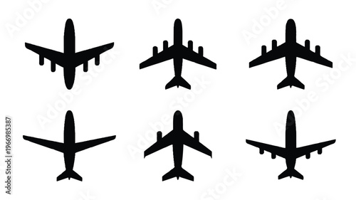 Six different views of airplane silhouettes in flight  various angles