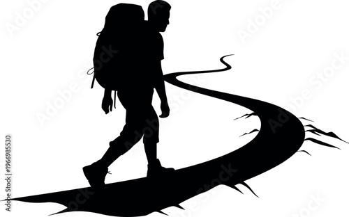 Silhouette of hiker with backpack walking on winding path, adventure travel, trekking journey, outdoor exploration concept isolated on white