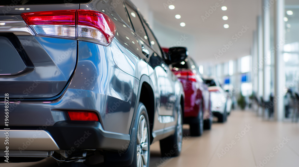 Fototapeta premium Close-up of the rear of new vehicles parked in a row at a bright modern car dealership office, the vehicles showing different color options and model trims, overhead spotlighting h