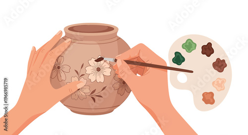 Hands Painting Flower Pattern on Ceramic Pot with Paintbrush Isolated on White