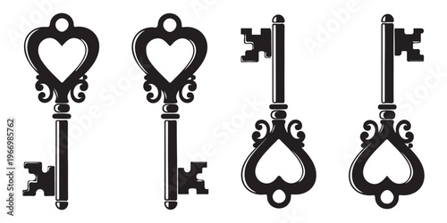 Vintage Heart-Shaped Key Set – Four Ornate Black Skeleton Keys Vector Illustration