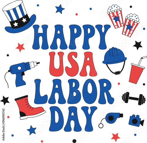 Happy usa labor day greeting with patriotic red white and blue waves