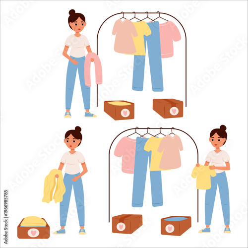 Vector illustration of clearing space and life of excess. Clearing out clutter at home, donating unwanted items