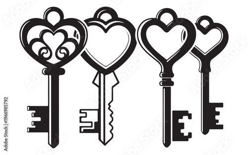 Vintage Heart-Shaped Key Set – Four Ornate Black Skeleton Keys Vector Illustration