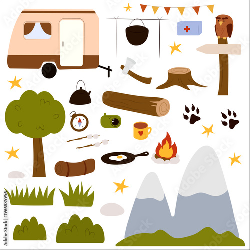 Set of Flat vector illustrations of camping outdoors. Mountains, campfire, tent, nature, camper, trees, coffee, backpack, guitar, kettle, boiler, tea, silence, calm, peace