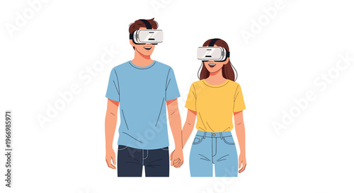 Young Couple Wearing VR Headsets Holding Hands Isolated on White Vector Illustration