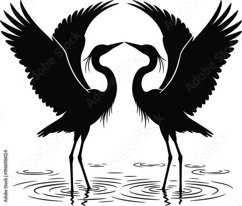 Two crane birds silhouette touching beaks with wings spread in water, romantic symmetry wildlife scene, elegant vector illustration nature concept