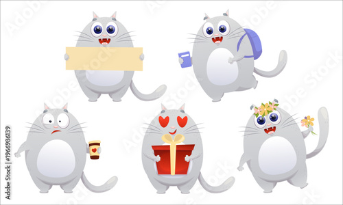 A set of flat vector images of cute kittens. Cat, flat, kitten, emotions, comic