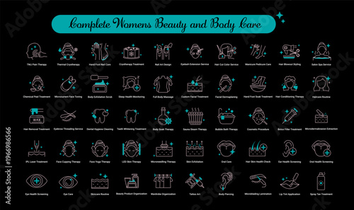 Complete Womens Beauty and Body Care icon, Full-Range Beauty Treatments and Personal Grooming Icons, Professional Cosmetic and Skin Care Service Icons. Editable Stroke.