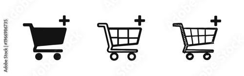E-commerce shopping cart with plus symbol icon set for adding items to basket