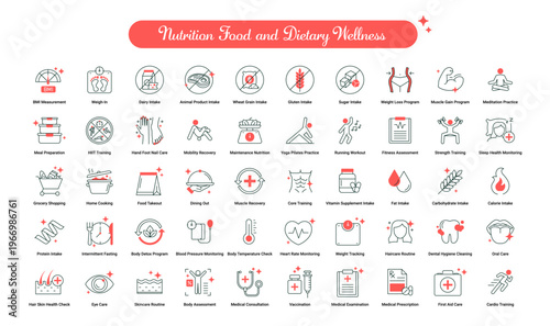 Nutrition Food and Dietary Wellness icon, Personalized Diet Planning and Food Intake Management Icons, Smart Eating and Nutrient Tracking Icons for Healthy Living icon. Editable Stroke.