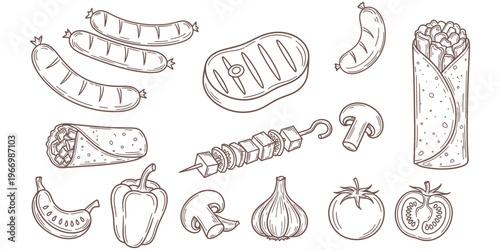 A collection of delicious food items and ingredients, including meats, vegetables, and snacks, perfect for culinary inspiration or a recipe book