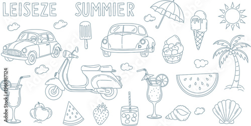 A charming collection of hand-drawn summer vacation illustrations featuring classic cars, refreshing drinks, and beach elements, perfect for seasonal designs