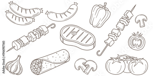 Delicious Grilled Food Icons Sausages, Steak, Kebab, Burrito, and Vegetables for Culinary Inspiration