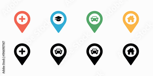 Colorful location pin map marker icon set with hospital, education, car, and home symbols for navigation design