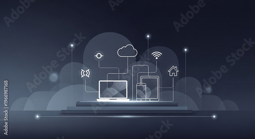 A futuristic illustration of a laptop and tablet connected to various devices through the cloud in a dark background.