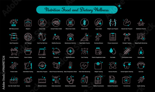 Nutrition Food and Dietary Wellness icon, Complete Macro Tracking and Healthy Eating Habit Icons, Balanced Diet and Food Lifestyle Management Icons. Editable Stroke.