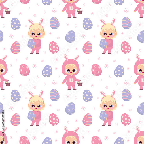 Cute baby in bunny costume with Easter eggs. Vector seamless pattern.