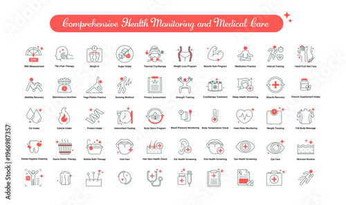 Comprehensive Health Monitoring and Medical Care icon, Full-Spectrum Wellness Screening and Patient Health Icons, Preventive Diagnostics and Clinical Health Service Icons. Editable Stroke.