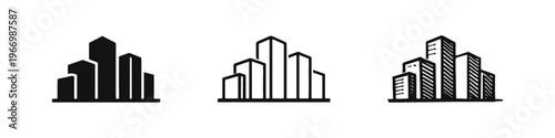 Skyscraper and City Building Icons Set - Solid, Outline, and Hand-Drawn Doodle Styles for Urban Architecture