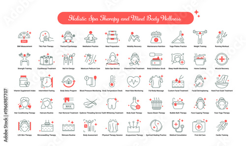 Holistic Spa Therapy and Mind Body Wellness icon, Complete Relaxation and Alternative Healing Treatment Icons, Total Body Mind Restoration and Wellness Therapy Icons. Editable Stroke.