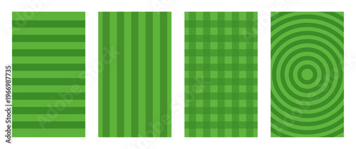 Green soccer field grass pattern set with stripes, center circle, and grid textures. Ideal for football backgrounds, sports design, stadium visuals, and digital projects.