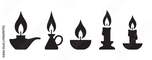 Ancient oil lamp and candle silhouettes set provides historical lighting icons for traditional ritual designs.