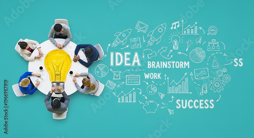 People around a table brainstorming with a lightbulb and success symbols