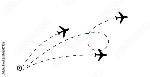 Minimalist illustration showing three airplanes flying along distinct dashed routes from a single map pin, representing travel, global journeys, and flight planning.