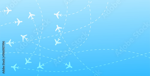White airplane silhouettes with dashed flight paths against a blue gradient sky, symbolizing global travel, logistics, and interconnected transportation networks.