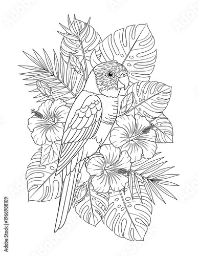 Parrot perched among tropical monstera leaves and hibiscus flowers detailed botanical nature coloring page