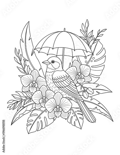 Tropical bird under an umbrella surrounded by orchid flowers makes for a wonderful exotic coloring page