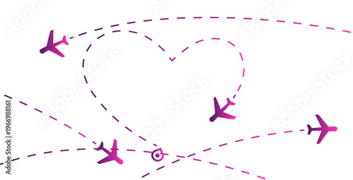 Multiple purple and pink airplanes follow dashed flight paths, forming a large heart shape with a destination marker. This clean illustration depicts travel or romantic journeys.