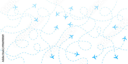 Bild auf Leinwand Seamless pattern with blue airplanes flying along dashed travel routes on a clean white background, symbolizing global logistics, journey, and transportation