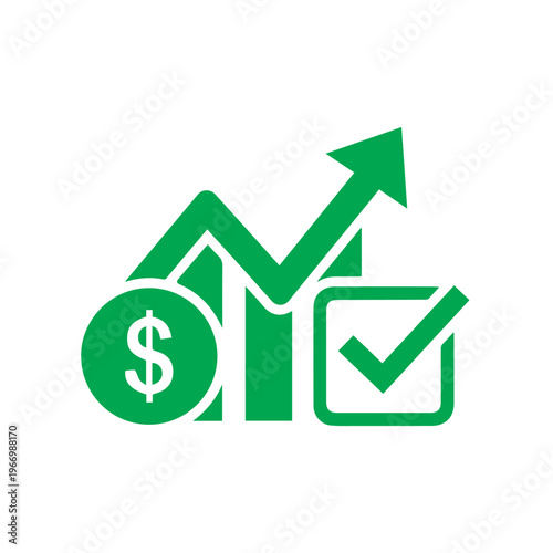 Green upward trending financial bar graph is paired with a dollar coin and a confirmed checklist icon.