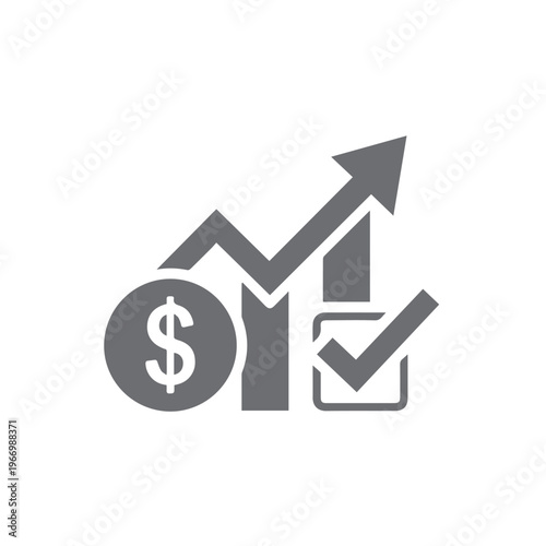 Monetary growth chart icon combines with a dollar sign coin and a checked confirmation box for successful finance.