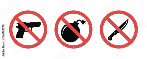 No weapons warning signs featuring forbidden handgun bomb and knife silhouettes inside red prohibition circles.