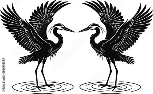 Two herons silhouette facing each other with wings spread, birds in water, wildlife nature symmetry, elegant vector illustration design concept