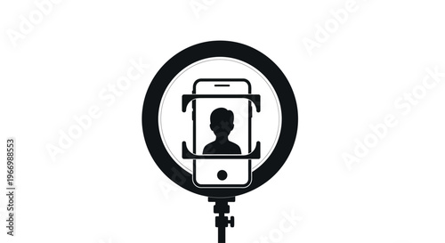 Black silhouette of a smartphone with a person's profile inside a ring light.