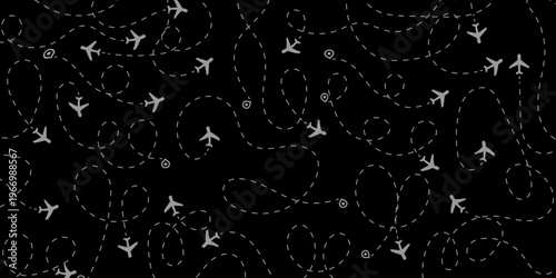 Minimalist vector illustration with numerous light grey airplanes and dashed flight paths, some ending in destination markers, on a solid black background.