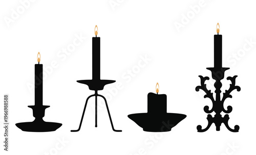 Set of silhouettes of burning candles in decorative holders isolated on a white background, creating festive atmosphere.