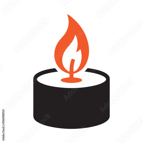 Scented tea light candle with orange flame isolated on white background for interior decoration and relaxation.