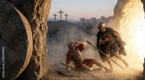 Roman soldiers reacting in shock to the Resurrection of Jesus Christ at the tomb entrance. Biblical scene depicting the empty grave with crosses on the hill. Religious Easter concept.