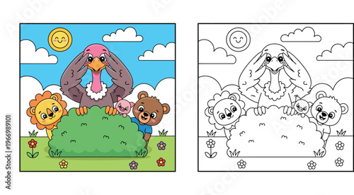 Cute Cartoon Vulture Playing Peek-a-Boo with Friends Lion, Pig, and Bear in a Sunny Field