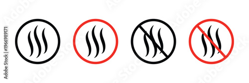 Heat icon flat and thin vector pack. Hot surface symbol set. Heat wave lines inside circular marks and crossed warning signs