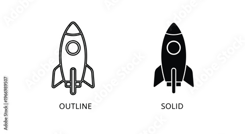 Black and white rocket ship icons in outline and solid styles for business or education
