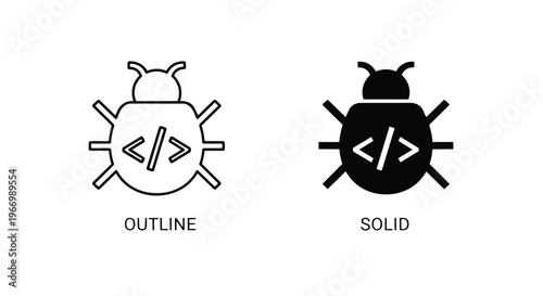 Black and white bug icons with code symbols on their backs