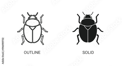Black and white vector illustrations of beetle in outline and solid style